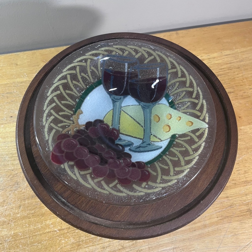 Peggy Karr Fused Glass Plate Vtg 8in Wine Cheese Grapes Bubbled Art Glass